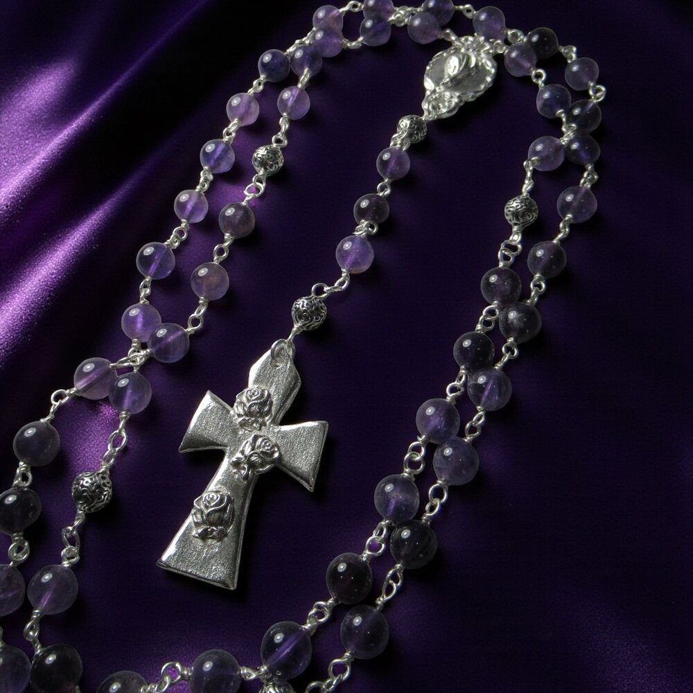 Rain of Roses Amethyst Rosary, Sterling Silver Hand Cast